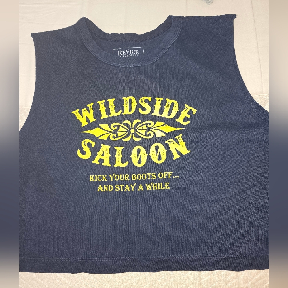 REVICE Blue Tank Top with Yellow Wildside Saloon Graphic